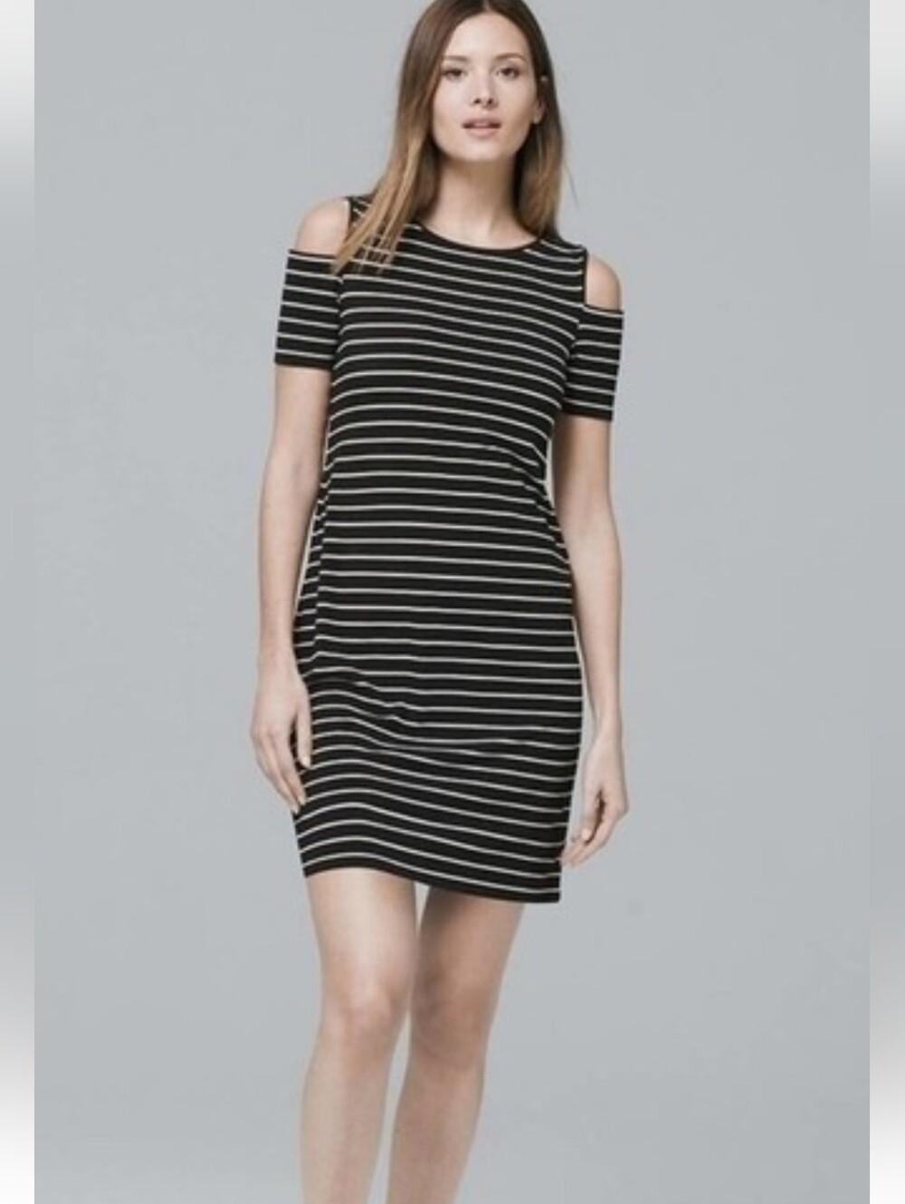 White House Black Market Black and White Striped Cold-Shoulder Mini Dress Large